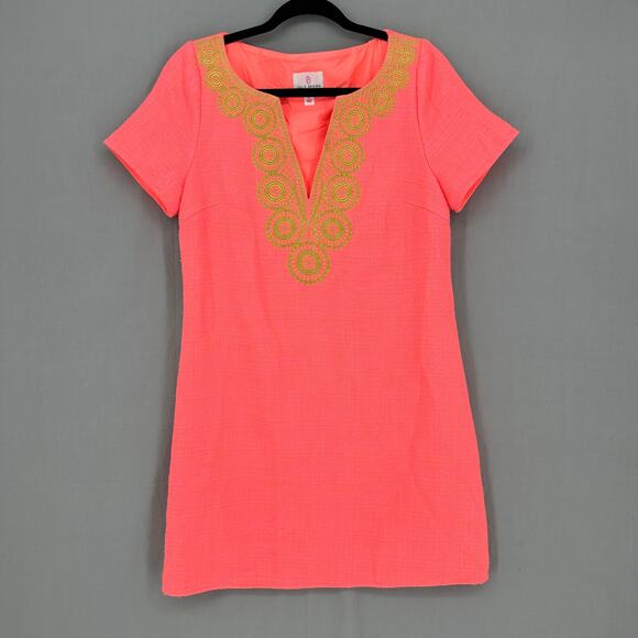 Julie Brown Dress Womens 6 Pink Coral Shift Mini Gold Embroidered Retro Colorful - Picture 1 of 9